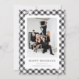 Black And White Buffalo Plaid Snowflake Photo Business Christmas Card (Front)