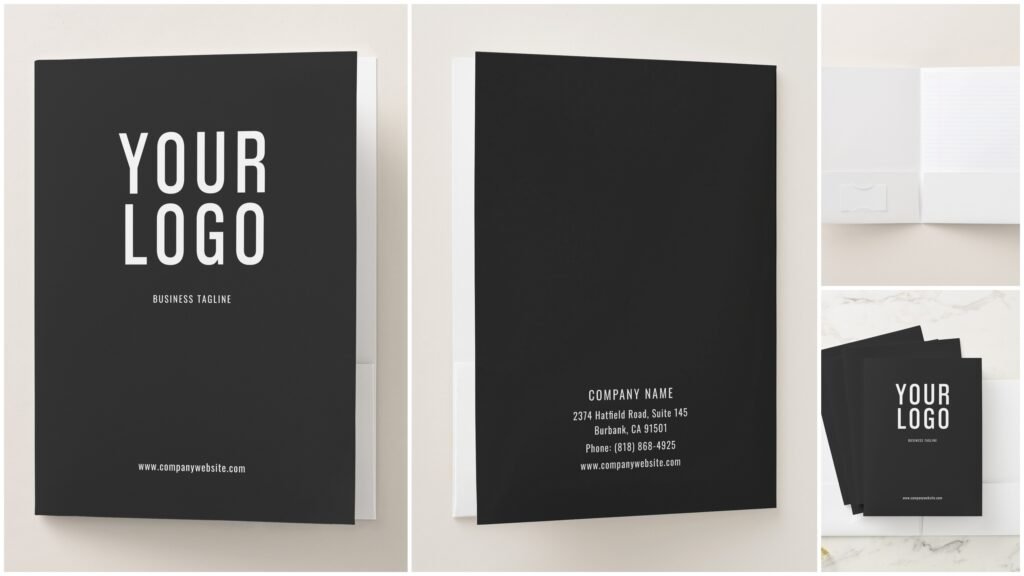 Black Modern Pocket Folders Business Card Slot Logo
