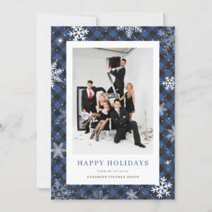 Blue Buffalo Plaid Snowflake Corporate Business Holiday Card (Front)