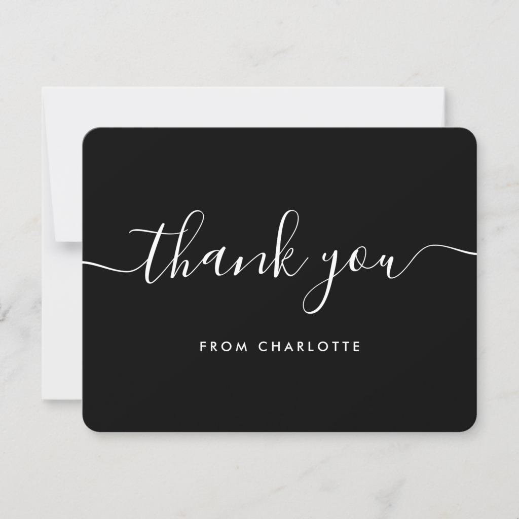 Elegant Script Black and White Minimalist Thank You Card (Front)