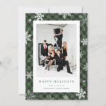 Green Buffalo Plaid Snowflake Corporate Business Photo Holiday Card (Front)