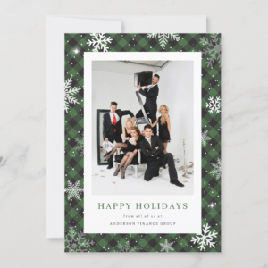 Green Buffalo Plaid Snowflake Corporate Business Photo Holiday Card (Front)