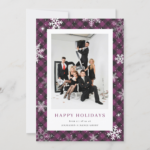 Purple Buffalo Plaid Snowflake Corporate Business Photo Holiday Card (Front)