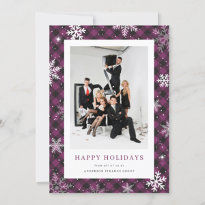 Purple Buffalo Plaid Snowflake Corporate Business Photo Holiday Card (Front)