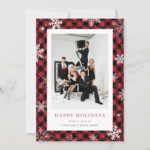 Red Buffalo Plaid Snowflake Photo Corporate Business Holiday Card (Front)