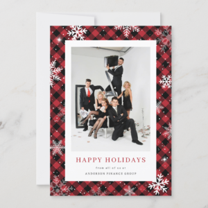 Red Buffalo Plaid Snowflake Photo Corporate Business Holiday Card (Front)