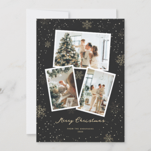 Black Gold Snowflake Photo Merry Christmas Card (Front)