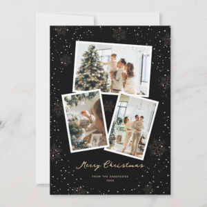 Black Modern Snowflake Photo Merry Christmas Card (Front)