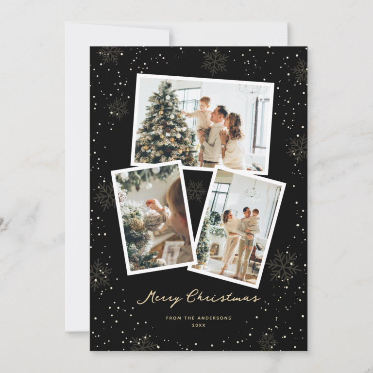Black Modern Snowflake Photo Merry Christmas Card (Front)