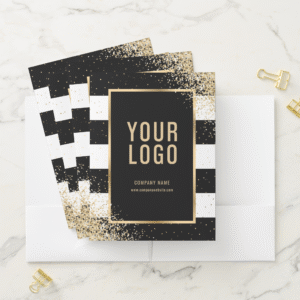 Black White Gold Glitter Business Logo Card Slot Pocket Folders (In Situ)