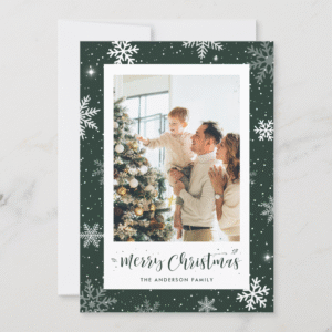 Custom Green Snowflake Photo Christmas Cards (Front)