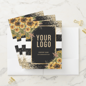 Sunflower Black White Gold Business Logo Card Slot Floral Pocket Folders (In Situ)