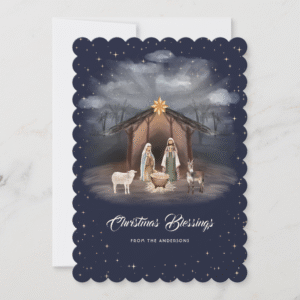 Elegant Blue Nativity Scene Botanical Christian Christmas Card (Front)