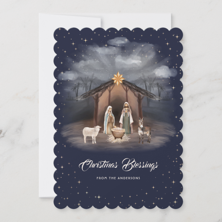 Elegant Blue Nativity Scene Botanical Christian Christmas Card (Front)
