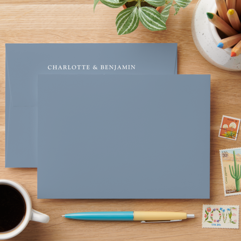 Dusty Blue Modern Custom Wedding 5.25x7.25 Envelope (Desk)